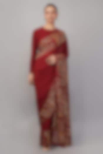 Maroon Viscose Georgette Gota Hand Embroidered Wedding Saree by Abraham & Thakore at Pernia's Pop Up Shop