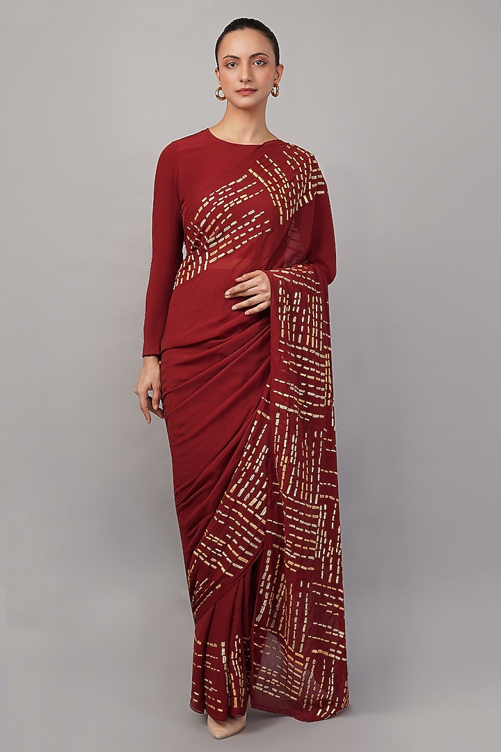Maroon Viscose Georgette Gota Hand Embroidered Wedding Saree by Abraham & Thakore at Pernia's Pop Up Shop