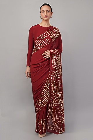 Maroon Viscose Georgette Gota Hand Embroidered Saree by Abraham & Thakore