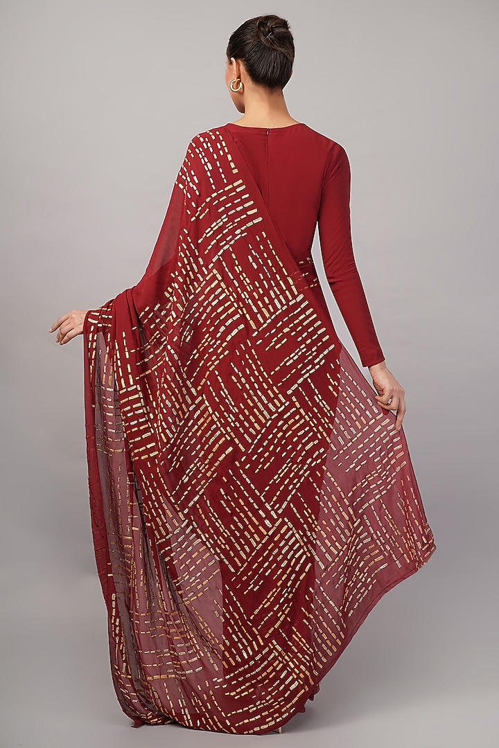 Maroon Viscose Georgette Gota Hand Embroidered Wedding Saree by Abraham & Thakore at Pernia's Pop Up Shop