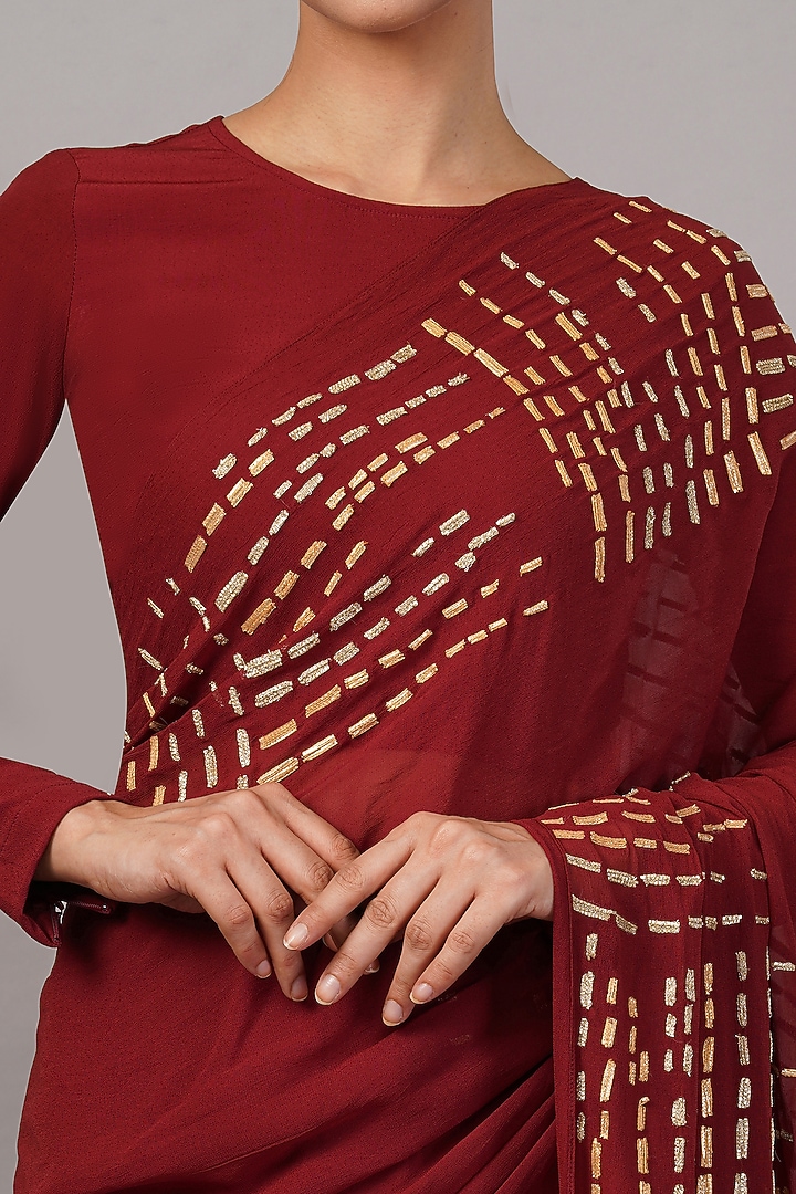 Maroon Viscose Georgette Gota Hand Embroidered Wedding Saree by Abraham & Thakore at Pernia's Pop Up Shop