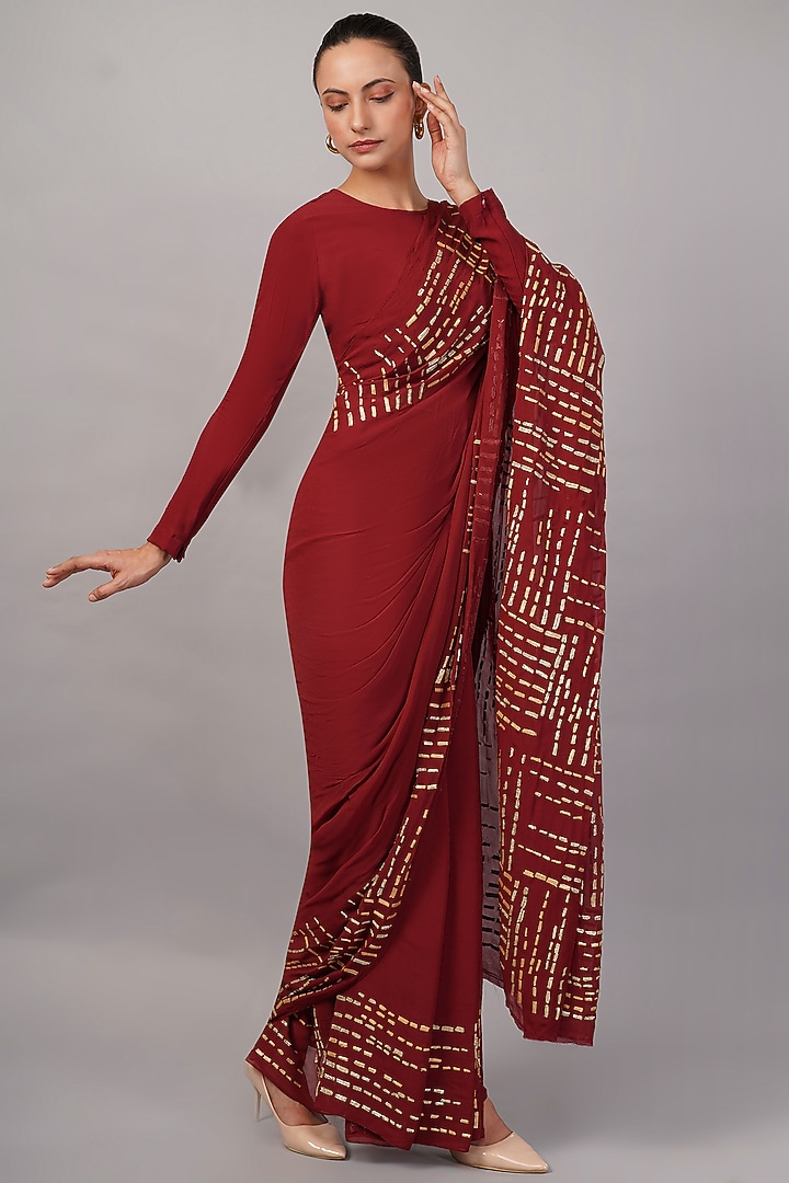 Maroon Viscose Georgette Gota Hand Embroidered Wedding Saree by Abraham & Thakore at Pernia's Pop Up Shop