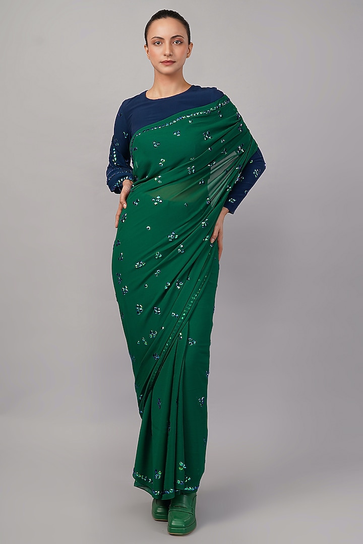 Green Viscose Georgette Sequins Hand Embroidered Tie-Dye Wedding Saree by Abraham & Thakore at Pernia's Pop Up Shop