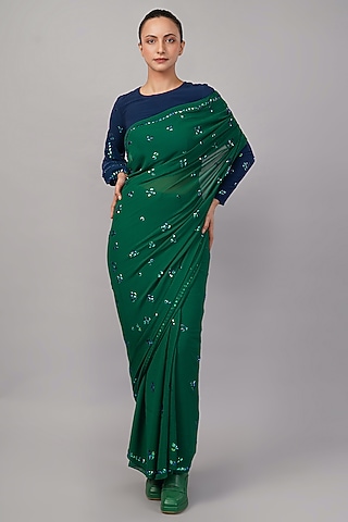 Green Viscose Georgette Sequins Hand Embroidered Tie-Dye Saree by Abraham & Thakore