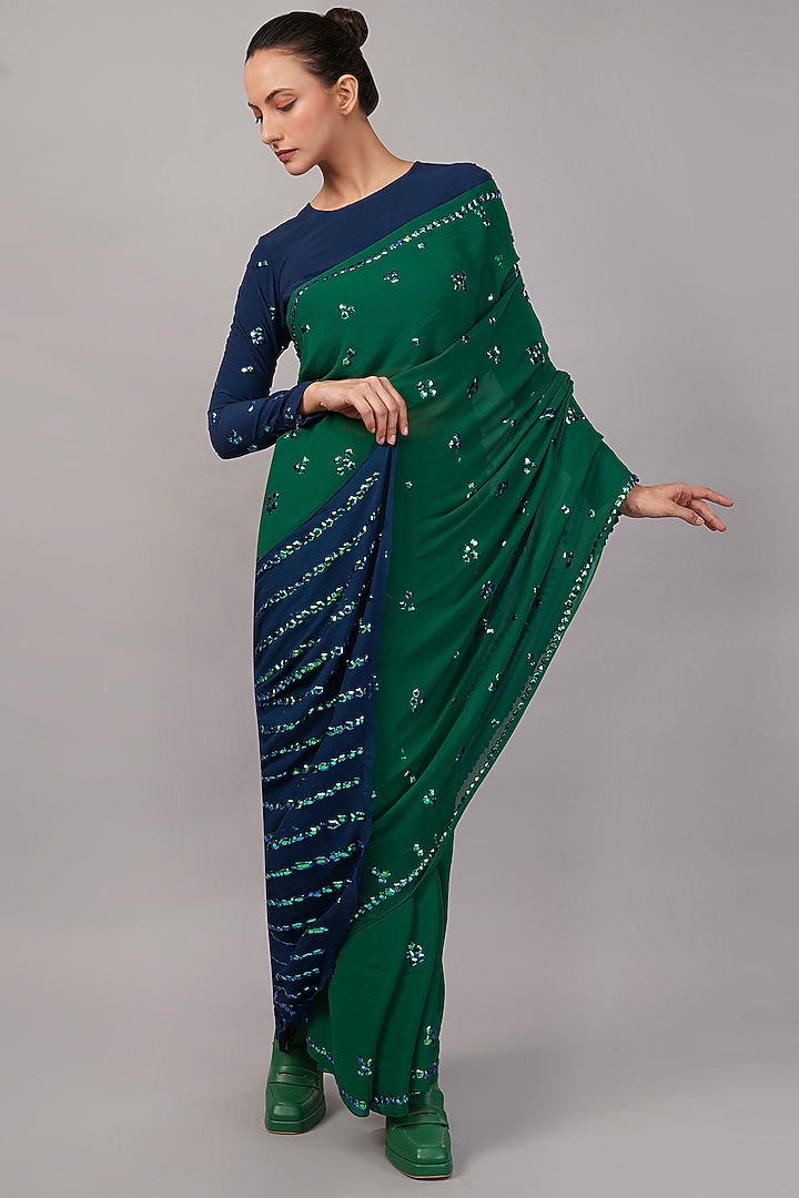 Green Viscose Georgette Sequins Hand Embroidered Tie-Dye Wedding Saree by Abraham & Thakore at Pernia's Pop Up Shop
