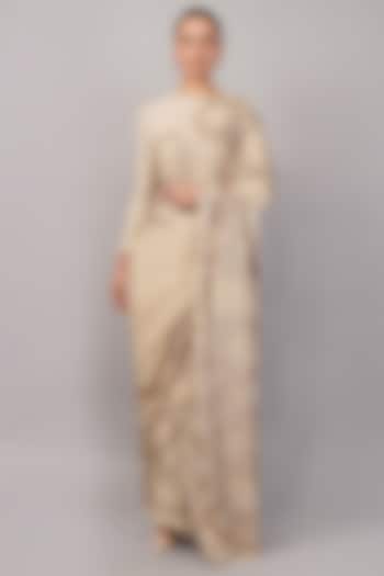 Beige Organza Metallic Sequins Hand Embroidered Wedding Saree by Abraham & Thakore at Pernia's Pop Up Shop