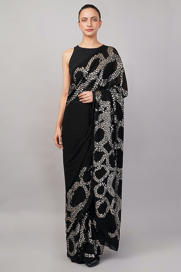 Black & Silver Viscose Georgette Sequins Hand Embroidered Wedding Saree by Abraham & Thakore at Pernia's Pop Up Shop