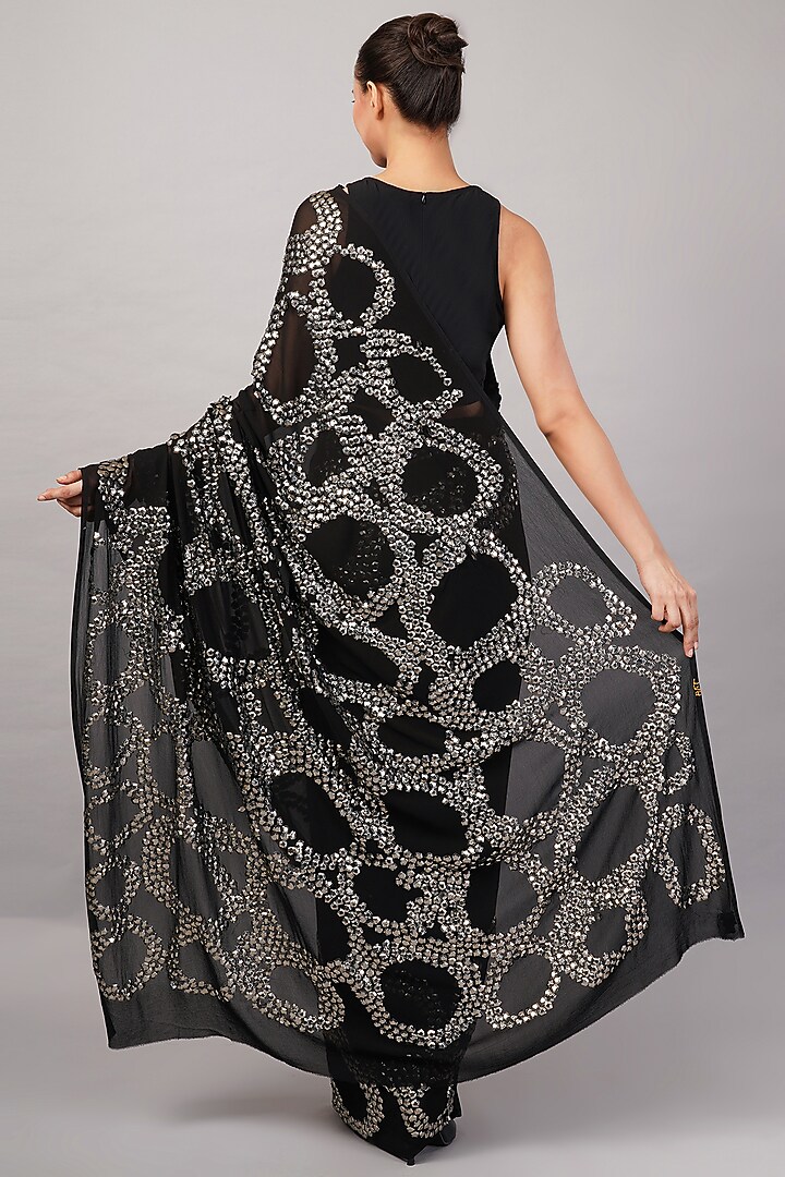 Black & Silver Viscose Georgette Sequins Hand Embroidered Wedding Saree by Abraham & Thakore at Pernia's Pop Up Shop
