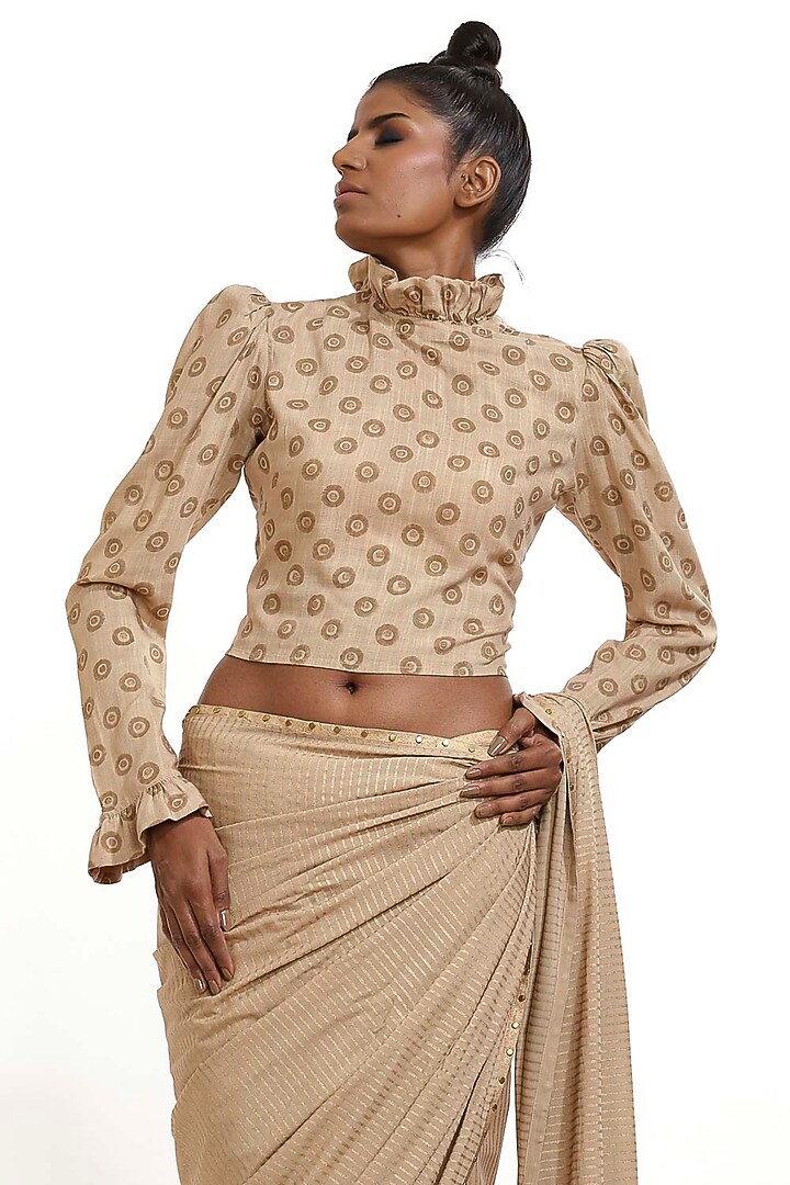 Beige Hand Block Printed Top by Abraham & Thakore at Pernia's Pop Up Shop