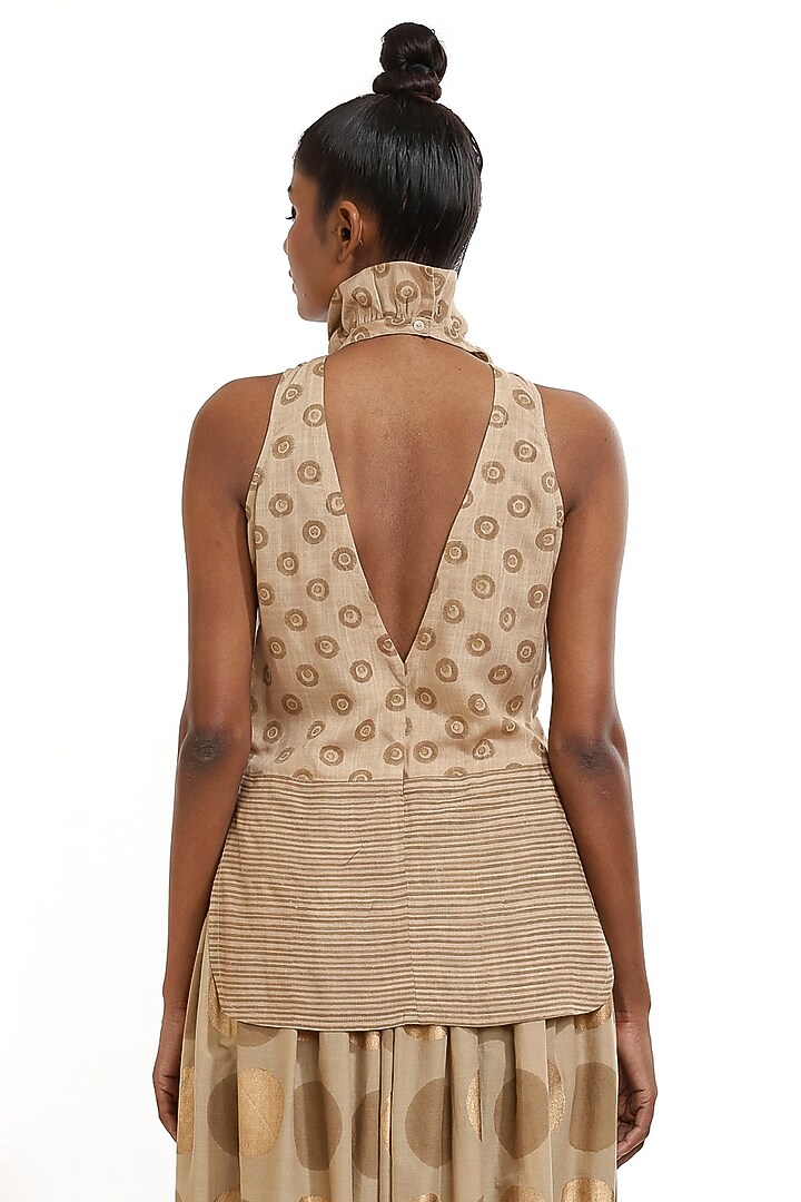 Beige Printed Top With Frills by Abraham & Thakore at Pernia's Pop Up Shop