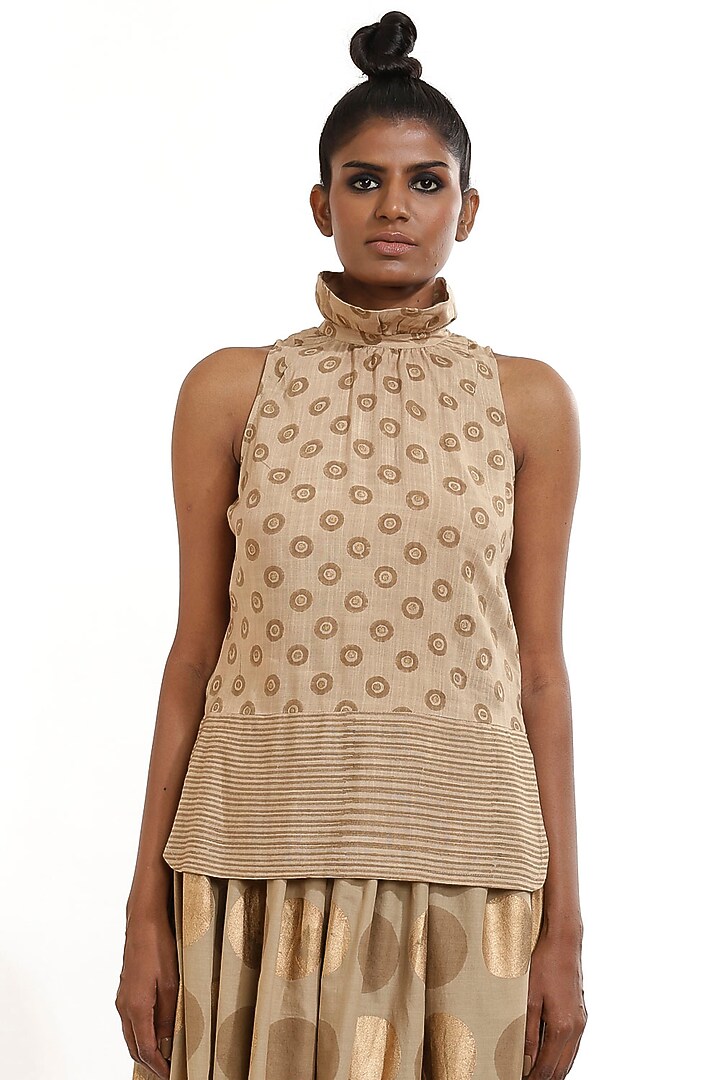 Beige Printed Top With Frills by Abraham & Thakore at Pernia's Pop Up Shop