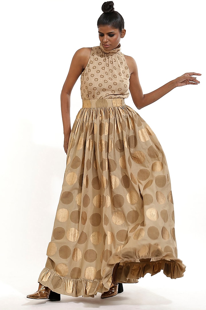 Beige Printed Skirt With Frills by Abraham & Thakore at Pernia's Pop Up Shop