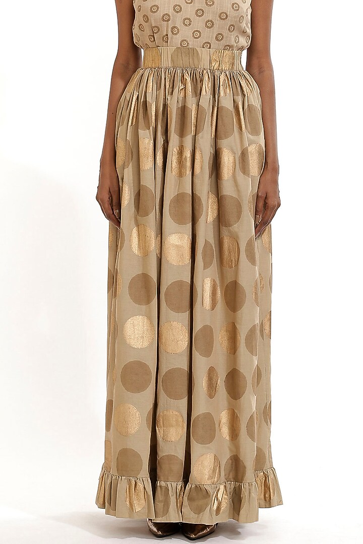 Beige Printed Skirt With Frills by Abraham & Thakore at Pernia's Pop Up Shop