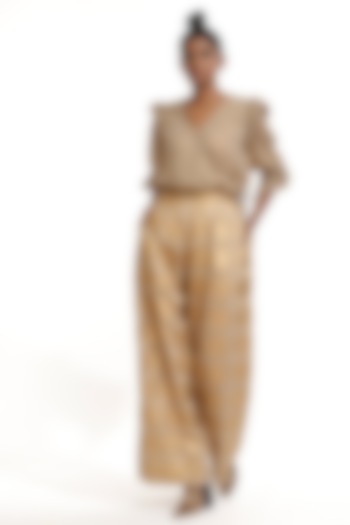 Beige Block Printed Top With Frills by Abraham & Thakore