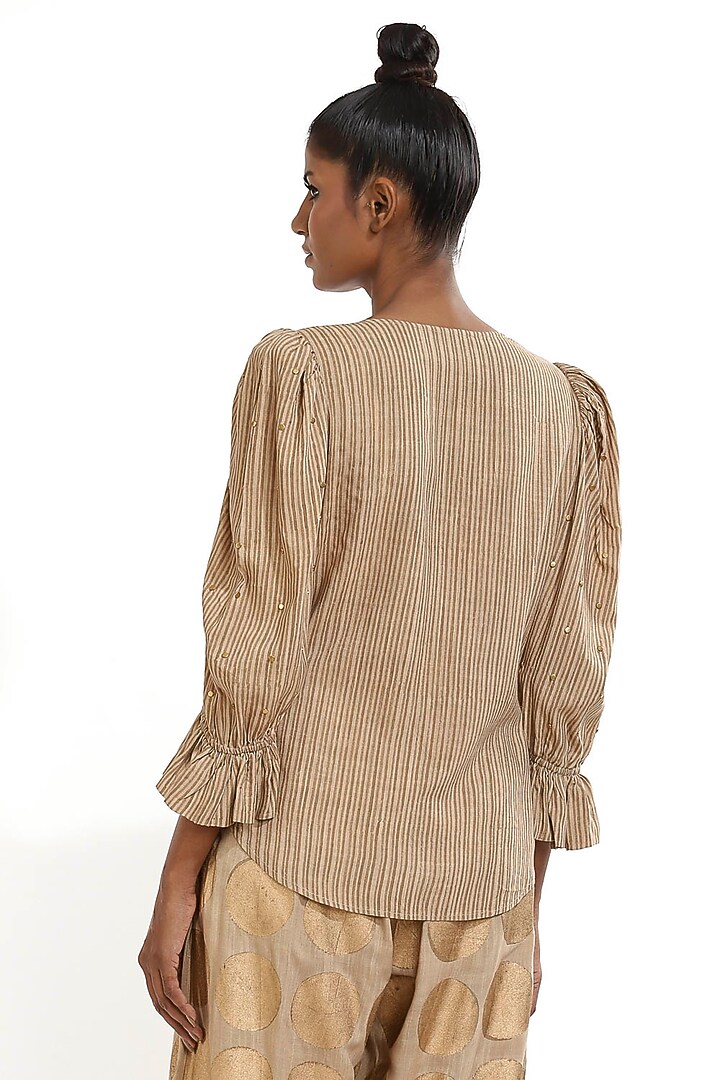 Beige Block Printed Top With Frills by Abraham & Thakore at Pernia's Pop Up Shop