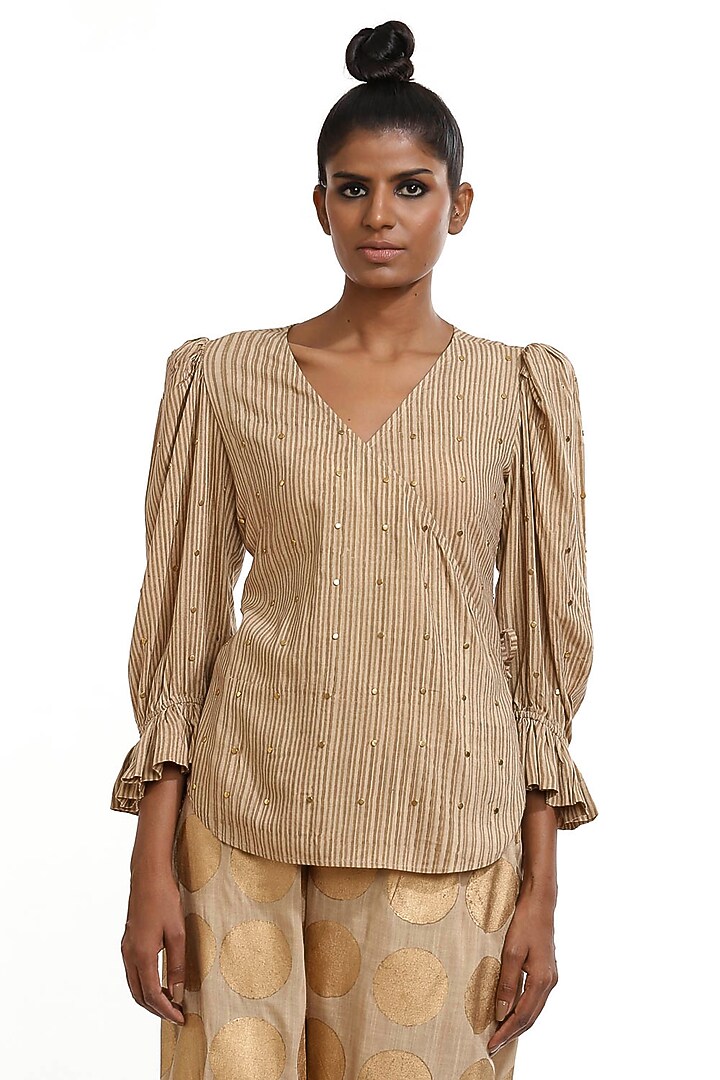 Beige Block Printed Top With Frills by Abraham & Thakore at Pernia's Pop Up Shop