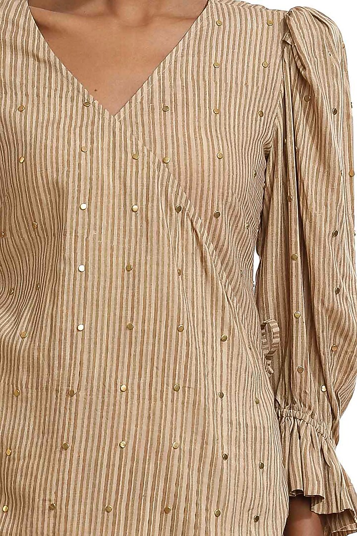 Beige Block Printed Top With Frills by Abraham & Thakore at Pernia's Pop Up Shop