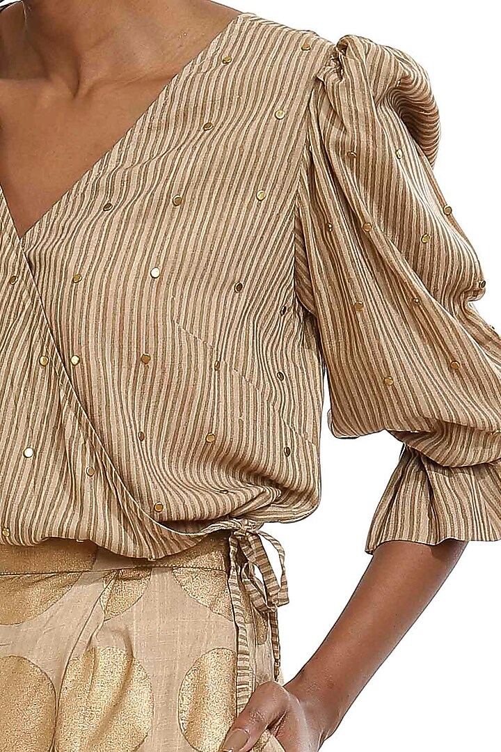 Beige Block Printed Top With Frills by Abraham & Thakore at Pernia's Pop Up Shop