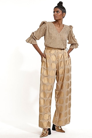Beige Hand Block Printed Pants by Abraham & Thakore