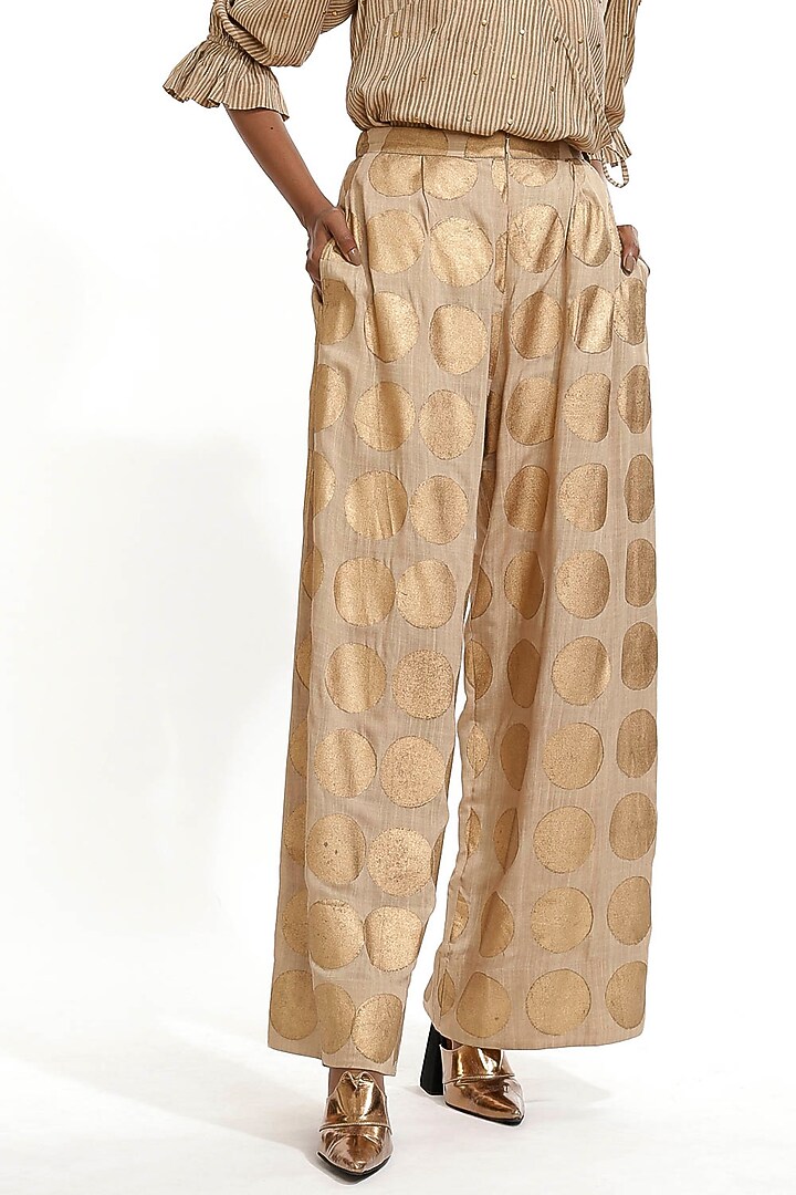 Beige Hand Block Printed Pants by Abraham & Thakore at Pernia's Pop Up Shop