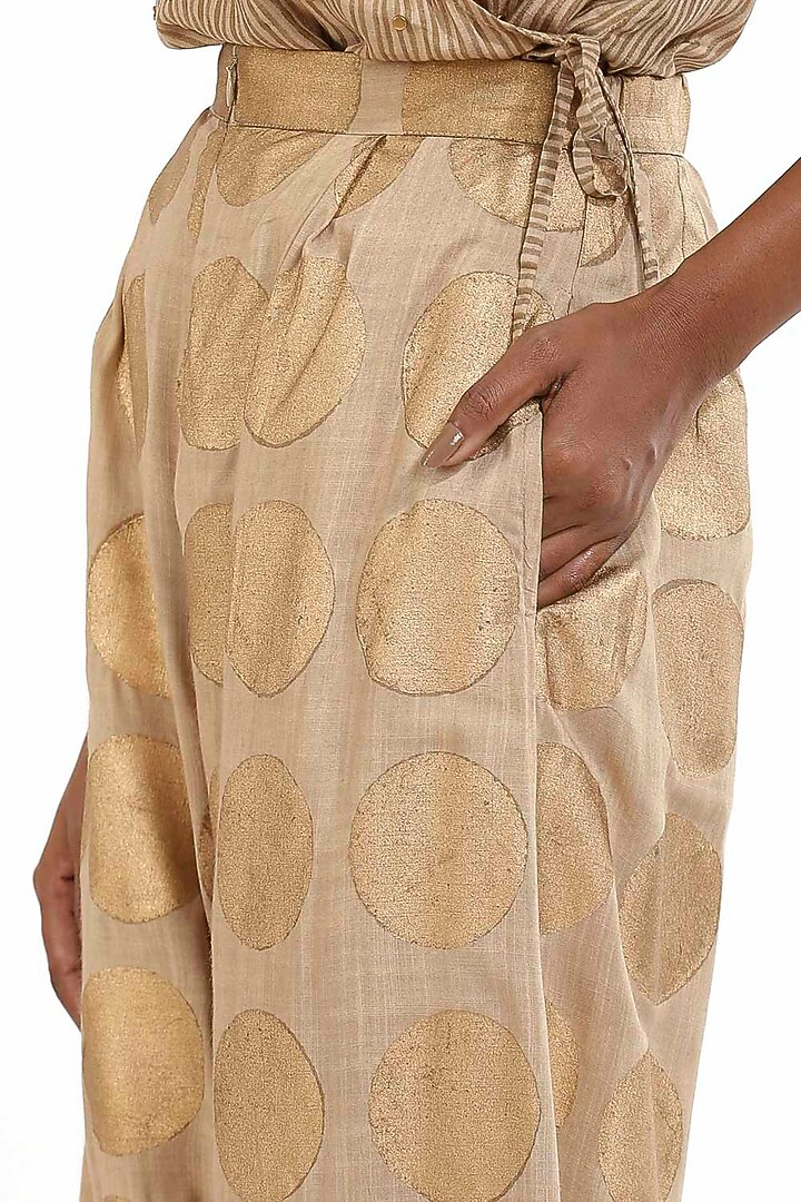 Beige Hand Block Printed Pants by Abraham & Thakore at Pernia's Pop Up Shop