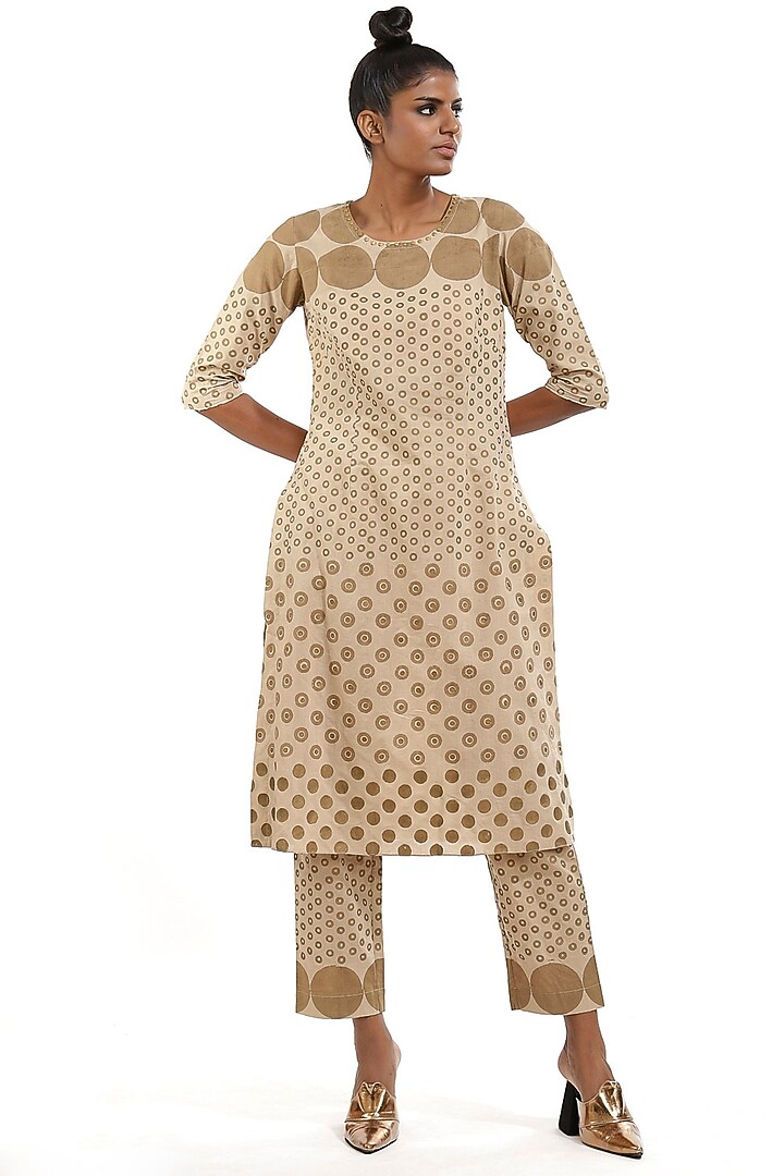 Beige Hand Block Printed Kurta by Abraham & Thakore at Pernia's Pop Up Shop