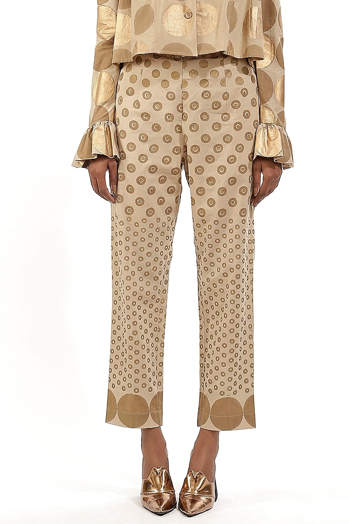 Beige Printed Cotton Pants by Abraham & Thakore