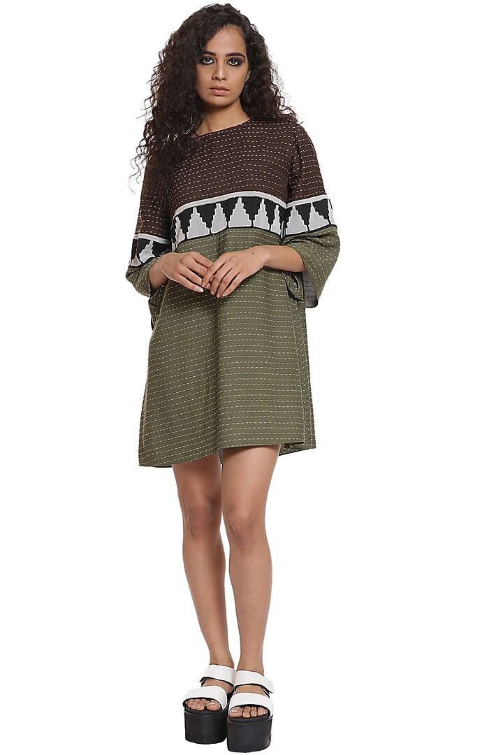 Coffee Brown & Olive Embroidered Mini Summer Dress by Abraham & Thakore at Pernia's Pop Up Shop
