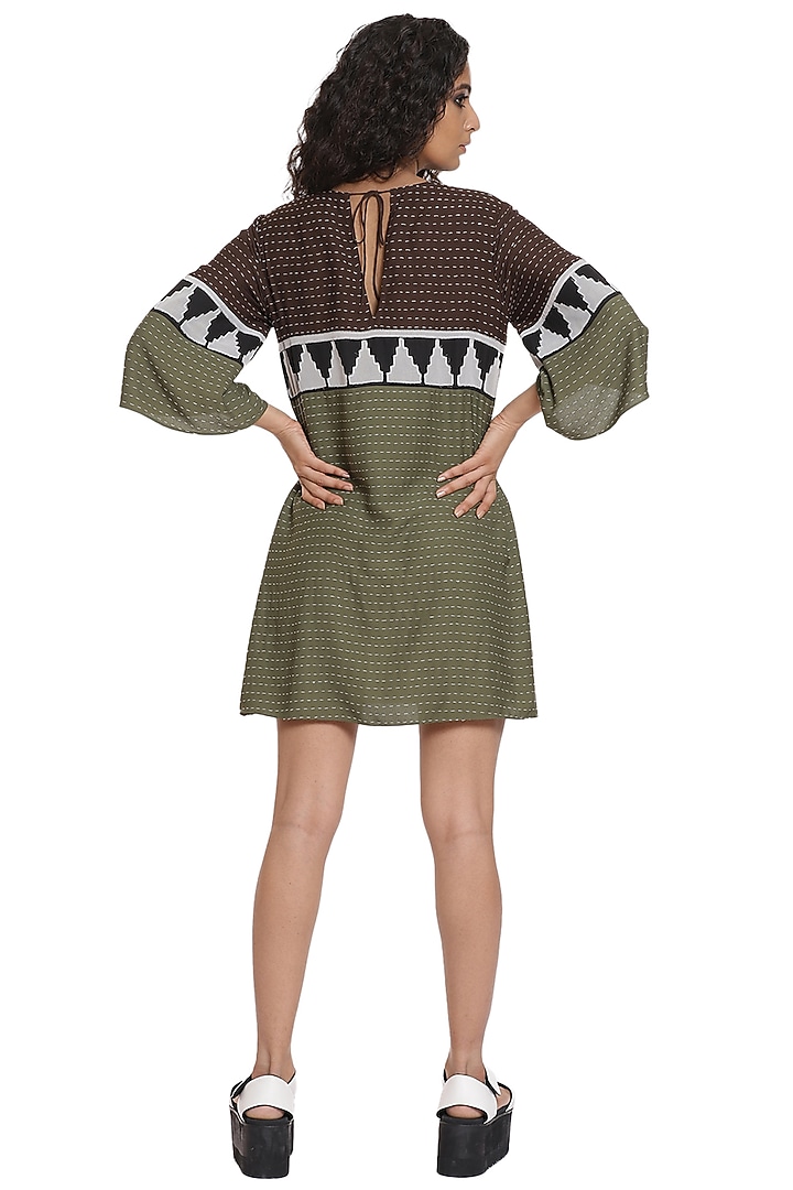 Coffee Brown & Olive Embroidered Mini Summer Dress by Abraham & Thakore at Pernia's Pop Up Shop
