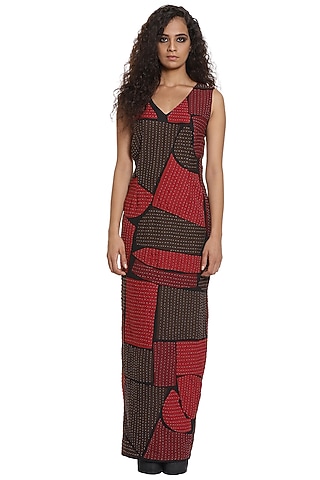 Burgundy & Coffee Brown Crepe Wrap Dress by Abraham & Thakore