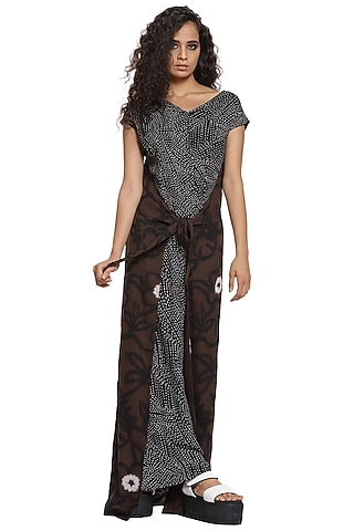 Black & Coffee Brown Printed Wrap Dress by Abraham & Thakore