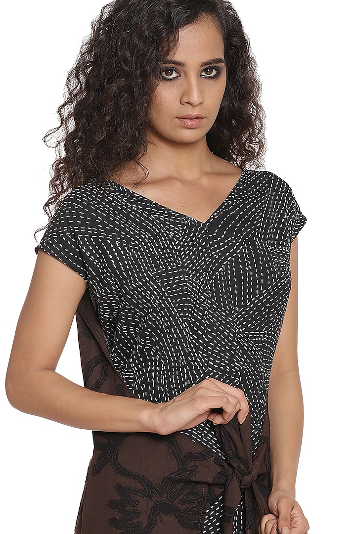 Black & Coffee Brown Printed Wrap Vacation Dress by Abraham & Thakore at Pernia's Pop Up Shop