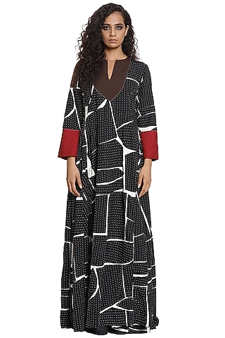 Black & Burgundy Crepe Kalidar Maxi Dress by Abraham & Thakore