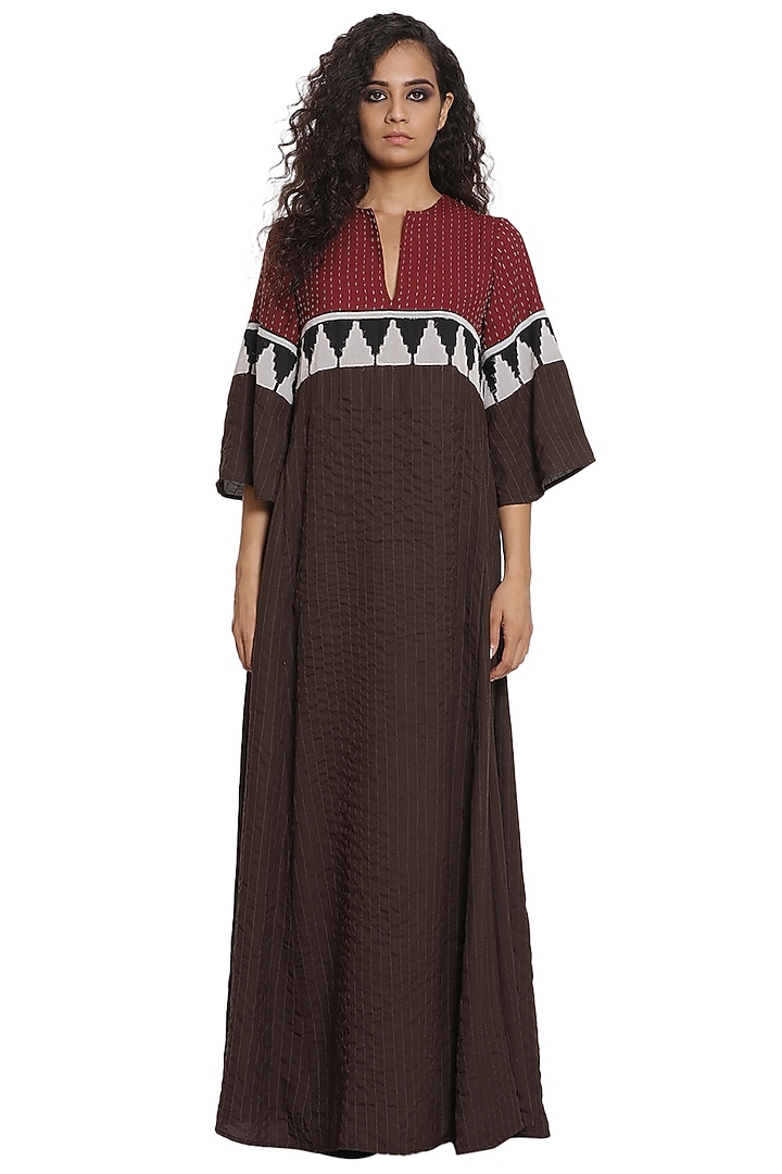 Burgundy & Coffee Brown Crepe Long Kaftan by Abraham & Thakore at Pernia's Pop Up Shop