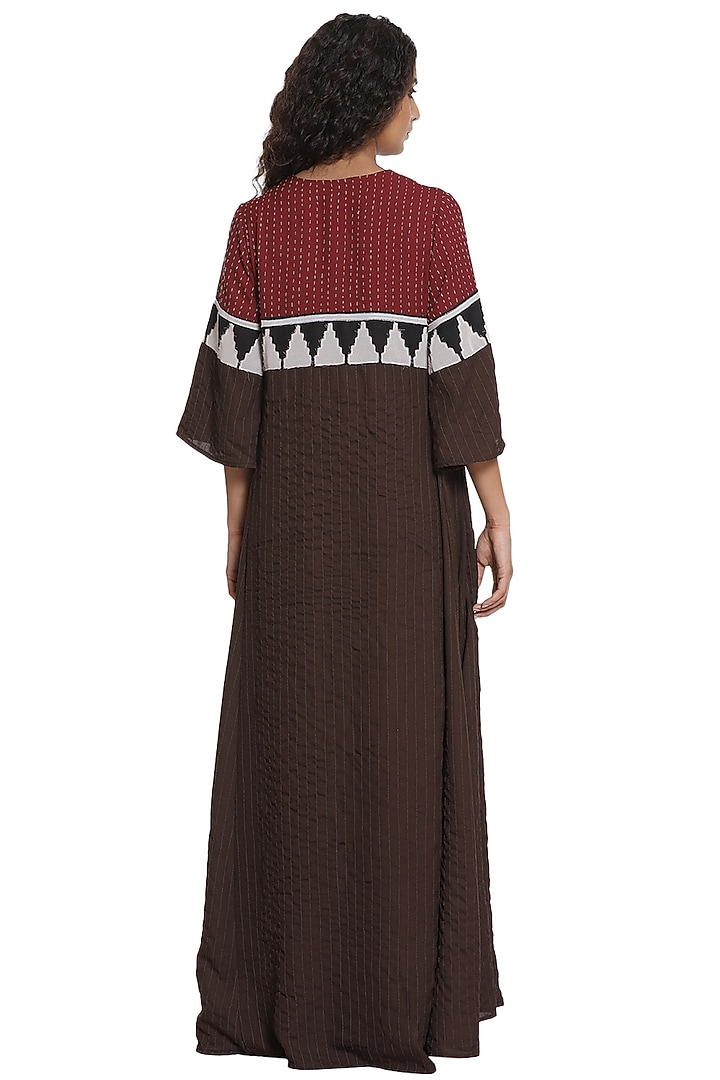 Burgundy & Coffee Brown Crepe Long Kaftan by Abraham & Thakore at Pernia's Pop Up Shop