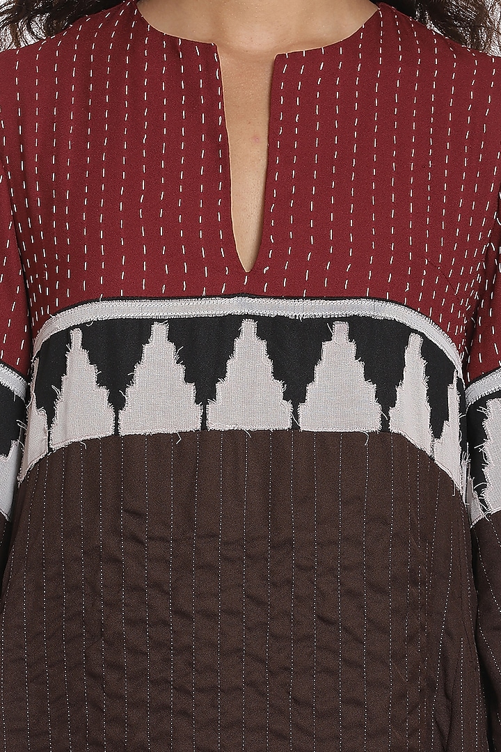 Burgundy & Coffee Brown Crepe Long Kaftan by Abraham & Thakore at Pernia's Pop Up Shop