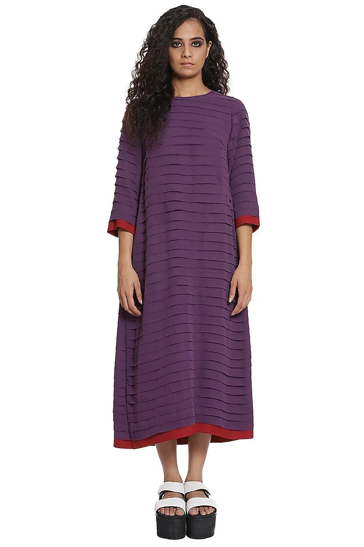 Aubergine Georgette Pleated Summer Dress by Abraham & Thakore at Pernia's Pop Up Shop