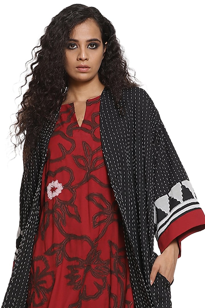 Black Hand Embroidered Long Jacket Set by Abraham & Thakore at Pernia's Pop Up Shop
