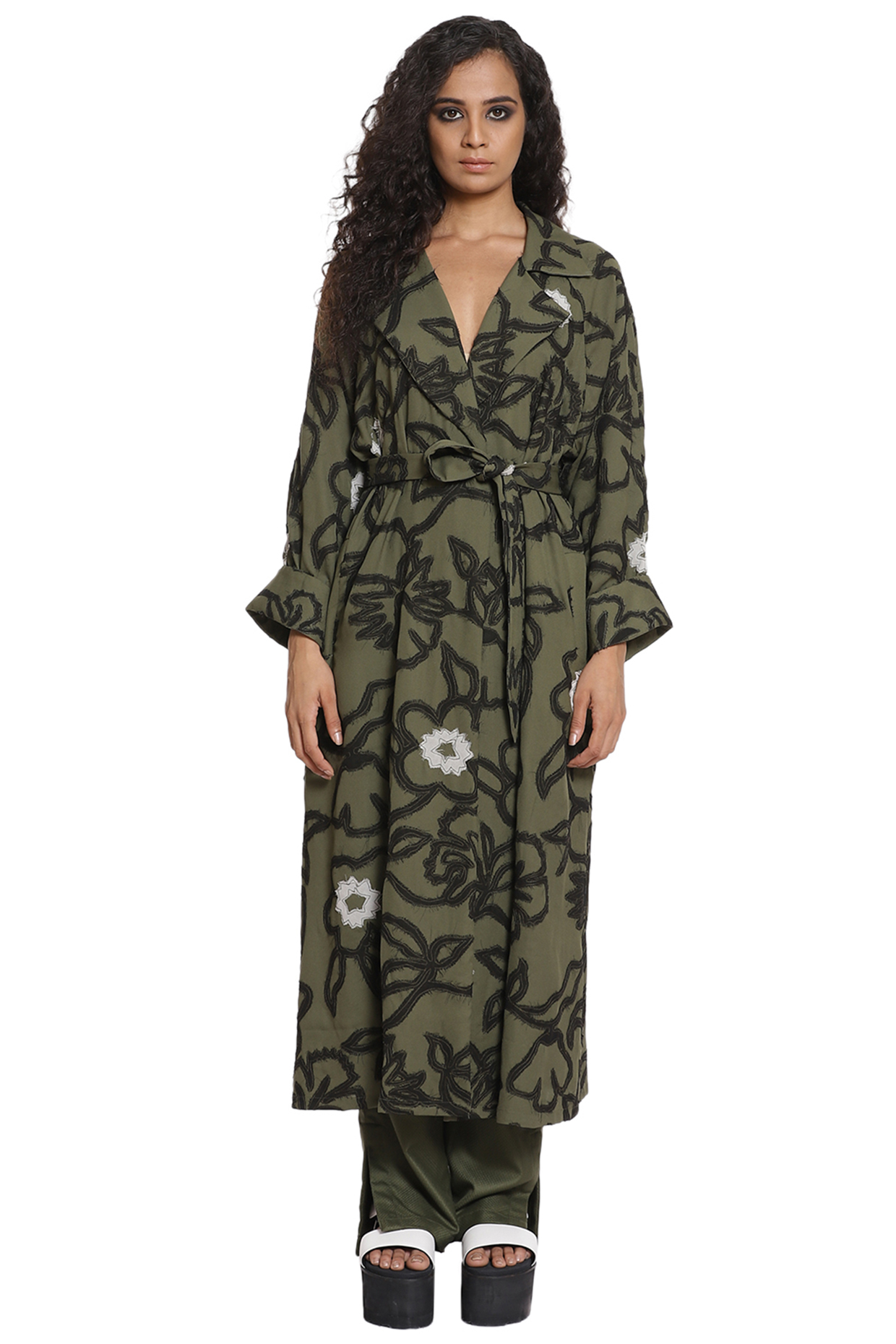 Sea Grass Trench Coat With Pants by Abraham & Thakore at Pernia's Pop Up Shop