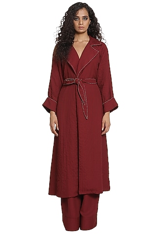 Wine Trench Coat With Pants by Abraham & Thakore