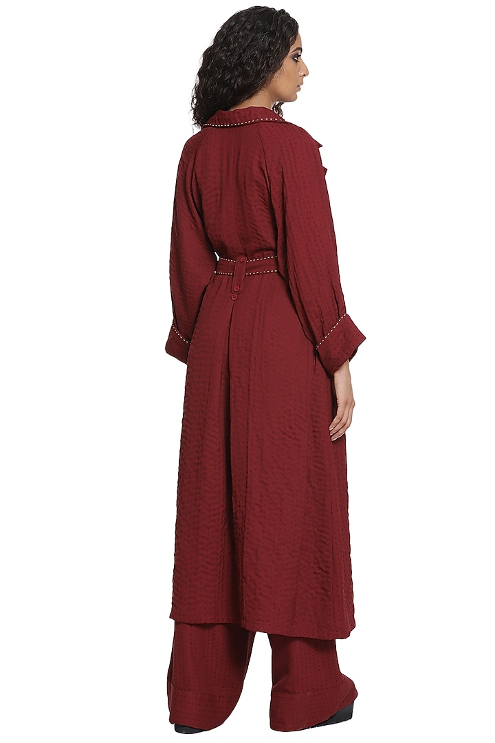 Wine Trench Coat With Pants by Abraham & Thakore at Pernia's Pop Up Shop