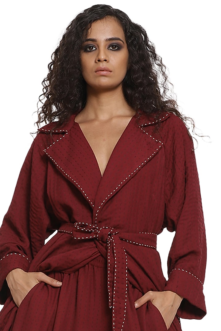 Wine Trench Coat With Pants by Abraham & Thakore at Pernia's Pop Up Shop