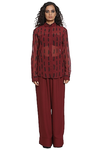 Burgundy Kantha Printed Shirt by Abraham & Thakore