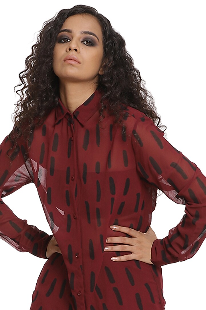 Burgundy Kantha Printed Shirt by Abraham & Thakore at Pernia's Pop Up Shop