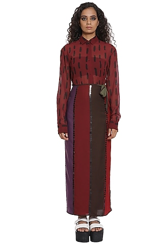 Burgundy Striped Wrap Skirt Set by Abraham & Thakore