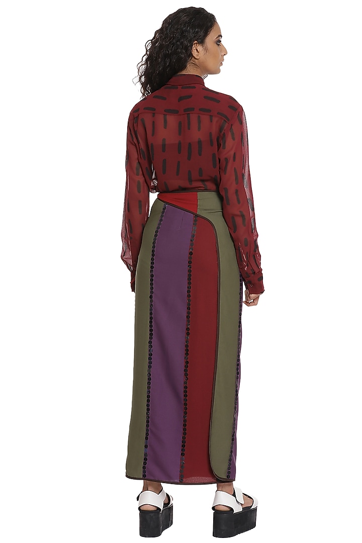 Burgundy Striped Wrap Skirt Set by Abraham & Thakore at Pernia's Pop Up Shop
