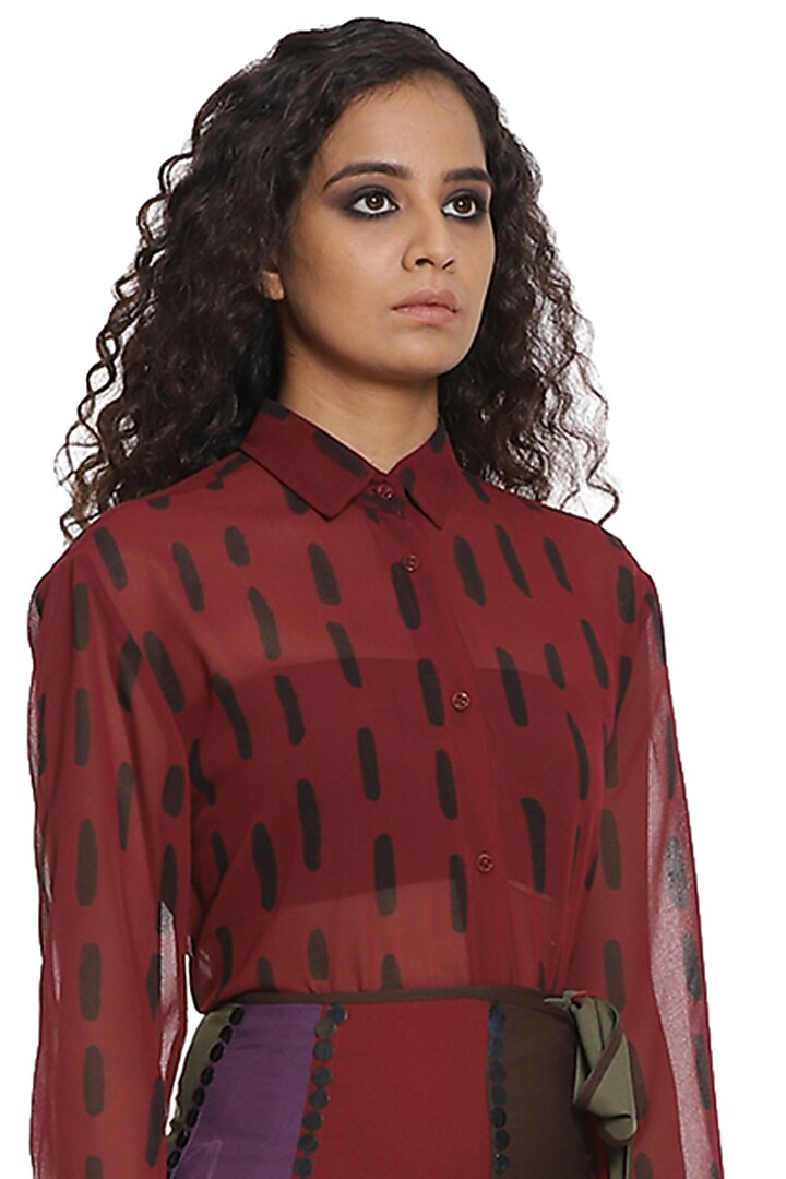 Burgundy Striped Wrap Skirt Set by Abraham & Thakore at Pernia's Pop Up Shop