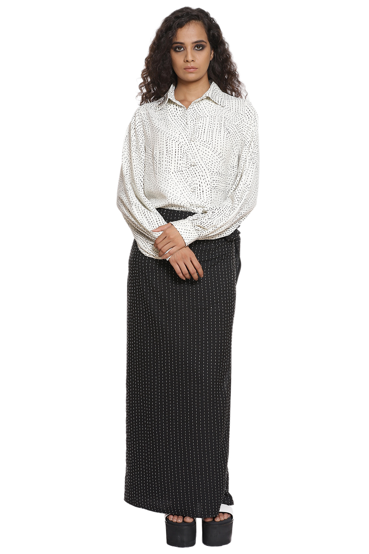 White & Black Crepe Skirt Set by Abraham & Thakore