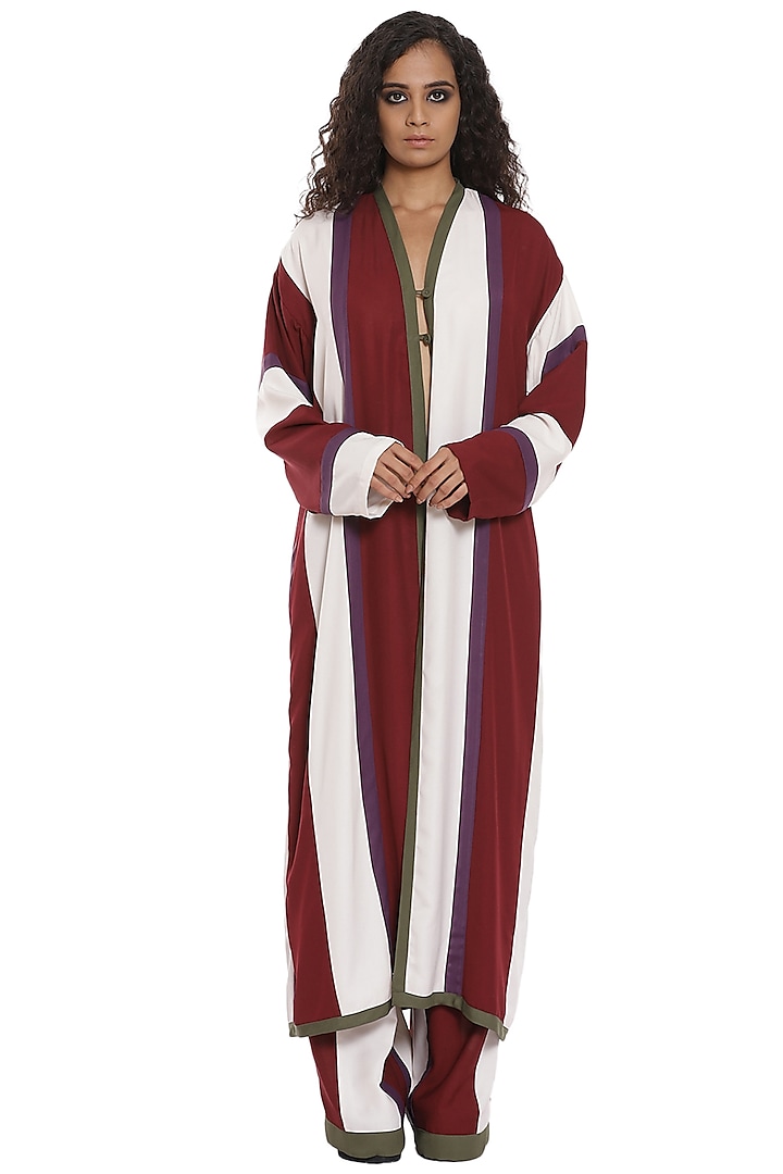 Burgundy & White Kimono Jacket Set by Abraham & Thakore at Pernia's Pop Up Shop