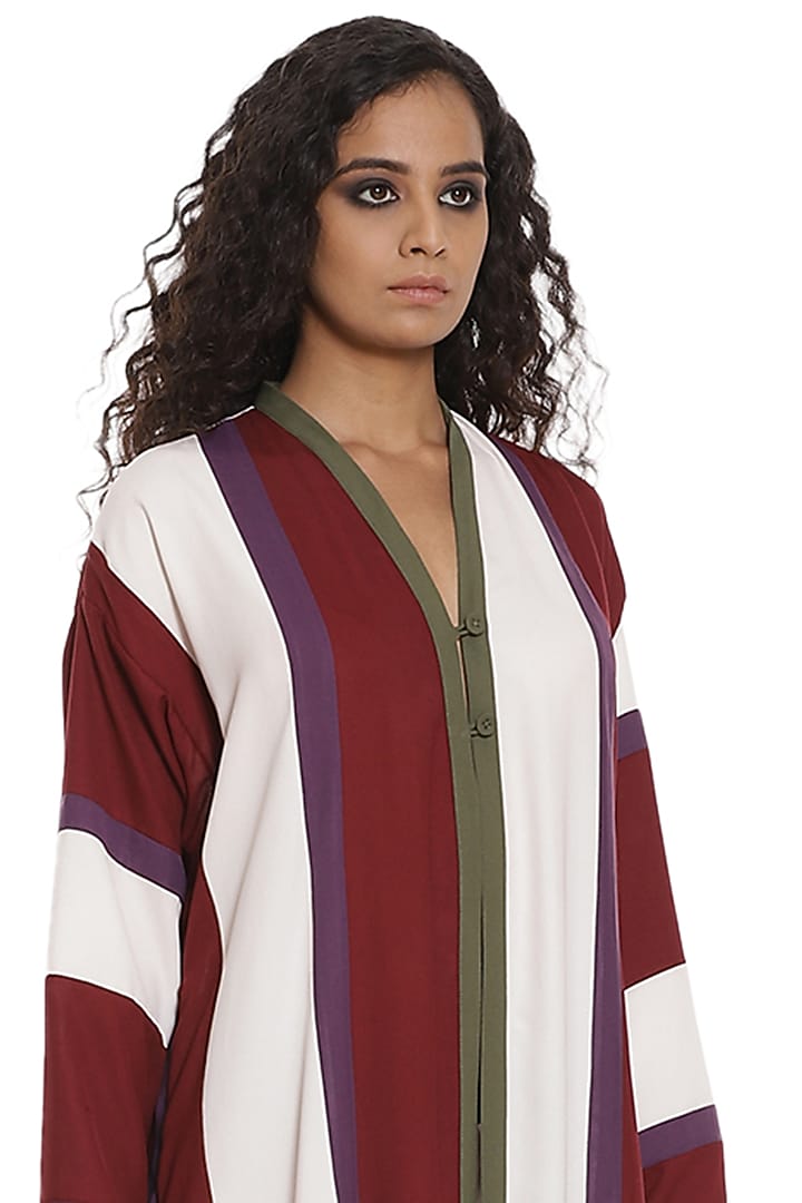 Burgundy & White Kimono Jacket Set by Abraham & Thakore at Pernia's Pop Up Shop
